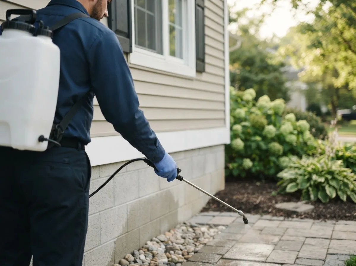 Pest control technician inspecting a home in Shedd, OR